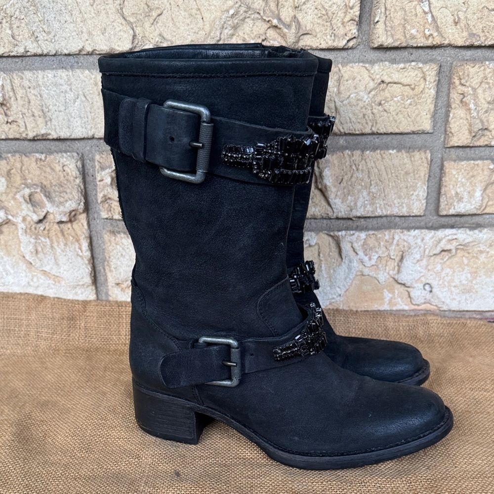Vera Wang Lavander Label Crystal Embellished Biker Boots Black Leather  6 1/2 - Picture 4 of 13